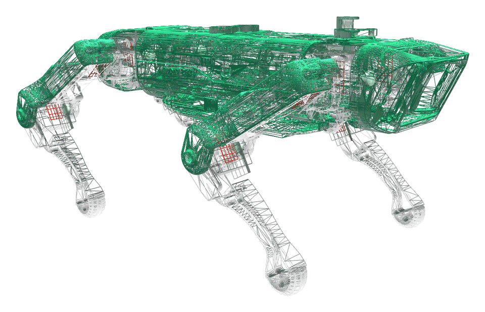 Project Wonder, the four-legged search-and-rescue robot, as a wireframe mesh from the simulation